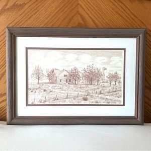 Brown & White Rural Landscape Art Line Drawing Homestead Stone House Frame Print